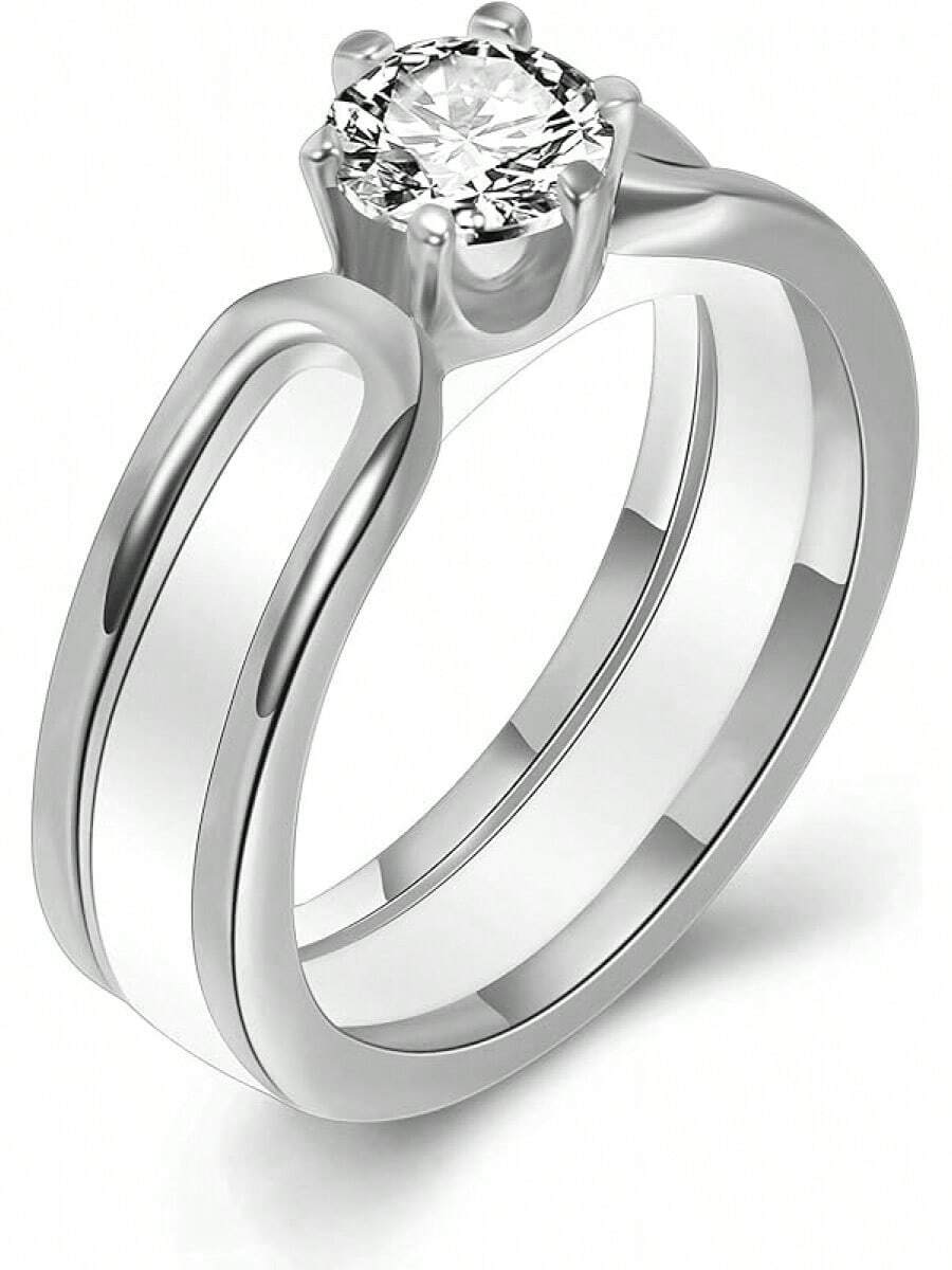 6mm White/Black Ceramic Rings Plus Cubic Zirconia For Women Comfort Fit Engagement Wedding Band Size 5-122025 - White+Silver - View 1