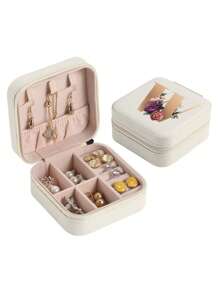 1pc Mini Floral Alphabet Jewelry Storage Box, A-Z Gold Letters, Portable Zipper Travel Jewelry Storage Box, Gift Box For Women, Multi-Function Jewelry Display Stand For Rings, Pendants, Earrings, Necklaces, Etc. - Suitable For Women, Mother, Girlfriend, Valentine's Day Gift Box.