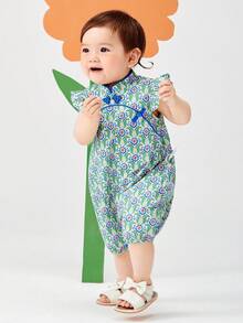 mini bala Girls' Chinese Cheongsam Romper – Flutter Sleeve & Egg Shape – Summer Outfit