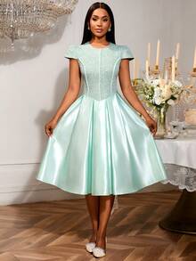 Brautjungfernkleid mit rundem Ausschnitt und Rosen-Jacquard-Muster, elegantes Partykleid mit Schleifen an den Trägern, Outfit für Date, Party, Hochzeit, Brautjungfer, Abschlussball, Hochzeitsgast Herbstmode, Schulanfang - Grün - Übersicht 6