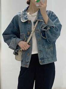 Chaqueta vaquera corta de estilo retro americano con bordes deshilachados, diseño nuevo para mujeres de baja estatura, chaqueta con estilo portuario. - Azul - Ver 6