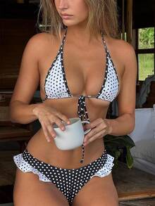 Alyweatry Women Y2K Bikinis Sets Coquette Aesthetic Bows Halter Tie Up Bikini Top High Cut Elastic Waist Bikini Bottom - 黑白波爾卡 - 查看 2