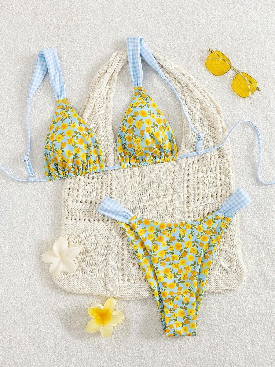 Fato de banho feminino sexy e moderno de 2 peças, conjunto de biquíni multicolor para praia de verão - Multicolorido - Ver 1