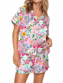 Funny Graphic Women Set Button Down Short Sleeve Top And Shorts Pjs Sets Sleepwear XS-XXL - Floral Pink - 查看 2