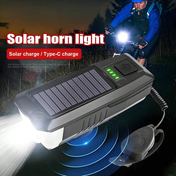 New LED Bike Light, Solar Rechargeable Bike Headlight, 3 Modes - Dimmable, Loud Horn, ABS Material Emergency Flashlight, Night Road Lighting Cycling Light, High-Capacity Battery USB Rechargeable Bike Headlight And Taillight Set