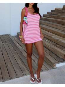 2025 Summer New Women's Striped Knit Dress Sling Short Dress For Beach Party Wear - 粉色 - 查看 4