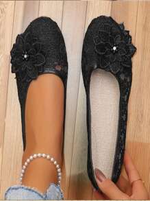 Damen Mode Stickerei Spitze Flache Schuhe mit Kristall Blumen Dekor, atmungsaktiv bequem weich Slip-On, geeignet für Alltag, Party, Date, Tanz, Strand und Urlaub, Gummisohle, Alle Jahreszeiten, Damenschuhe