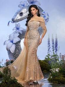 Champagne Sequin Beaded Long Sleeve Fitted Evening Gown, Suitable For Formal Dinners, Galas, Cocktail Parties (Highly Decorative) Wedding Spring Party - Champagne - View 7