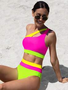 popvil Women One Shoulder Colorblock Cut Out High Waist Two Pieces Swimsuit For Summer Holiday Beach - Hot Pink - View 3