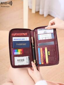 新款RFID屏蔽拉链钱包护照夹文件收纳包，多功能大容量钱包，时尚旅行收纳包，适合出国飞机旅行 - 酒紅色 - 查看 5