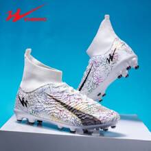 STARNOVO Dual Star Football Shoes, Fashionable Sports Soccer Shoes For Men & Women, Comfortable Lining, Elastic Collar Lace-Up Design For Better Comfort, White High-Top Professional Football/Youth World Cup Match Shoes, Best And Most Affordable Price