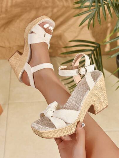 Women's Bowknot Decor Faux Linen Rope Sole Wedge Platform Sandals. Summer Open Toe Waterproof Heel Design, Bohemian Ballerina Style Wrap-Around Casual Sandals. Comfortable Vacation High Heels. Suitable For Summer Outfits, Parties, Weddings, Vacations, Gatherings, Banquets, Fashion Shows. Can Be Paired With Camisole, T-Shirt, Blouse, Bikini, Skirt, Dress, Shorts.