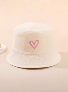 1pc Vintage Solid Color Heart Embroidery Kids Bucket Hat, Outdoor Sports Travel Sun Protection Sunscreen Bucket Hat For Boys And Girls