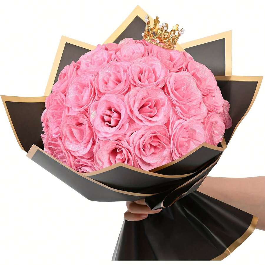 24/36 Pcs Artificial Rose Shiny Glitter Roses Bouquet | Everlasting Artificial Rose For Valentine's Day, Anniversary, Wedding, Home Decorations - màu đen - Xem 1