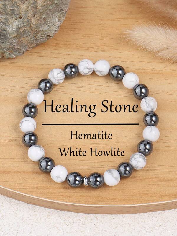 YAUKIA Bracelet de protection énergétique en howlite blanche et hématite de 8 mm. Bracelets de méditation guérissante, nouveaux départs, porte-bonheur pour hommes et femmes