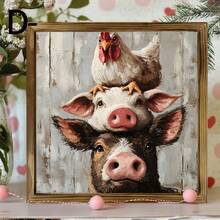 1 Piece Country Style Wooden Frame Tag - Stacked Cow Pig Chicken Farm Animal Painting, Handmade Wood Wall Art & Desktop Decoration, Suitable For Birthday, Home Office, No Electricity Required, Pastoral Wall Decoration|Fun Animal Art|Cow Pattern Decoration - Wood Panel Painting - View 5