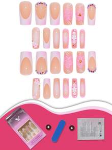 24 件长方形粉色法式 3D 花朵水钻按压指甲，配果冻胶和指甲锉，优雅裸色渐变假指甲套装，手工花卉装饰，适合女士女孩派对日常美甲用品 - 粉色 - 查看 5