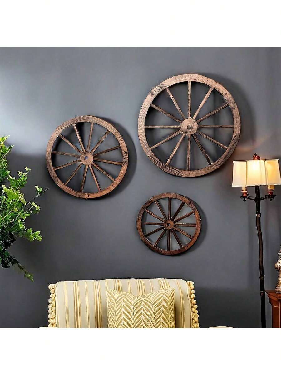 3 chiếc bánh xe đẩy bằng gỗ trang trí tường, 3 chiếc bánh xe đẩy phong cách phương Tây cổ điển khác nhau, đồ trang trí treo tường hình bánh xe tải trang trại cho sân vườn, nhà, quầy bar, nhà để xe - Nhiều màu - Xem 1