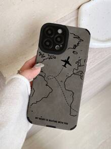 Funda de teléfono con textura mate gris - Diseño de mapa mundial y avión, cita romántica - Estilo inspirado en viajes - Compatible con iPhone: 13, 14, 15, 16 Pro Max, 16, 15 Plus