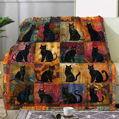 Vintage Black Cat Printed Flannel Throw Blanket, Mixed Knitted Polyester, Comfortable For All Seasons, Suitable For Sofa, Bed, Car, Office, Camping, Travel - Soft And Warm Gift Blanket