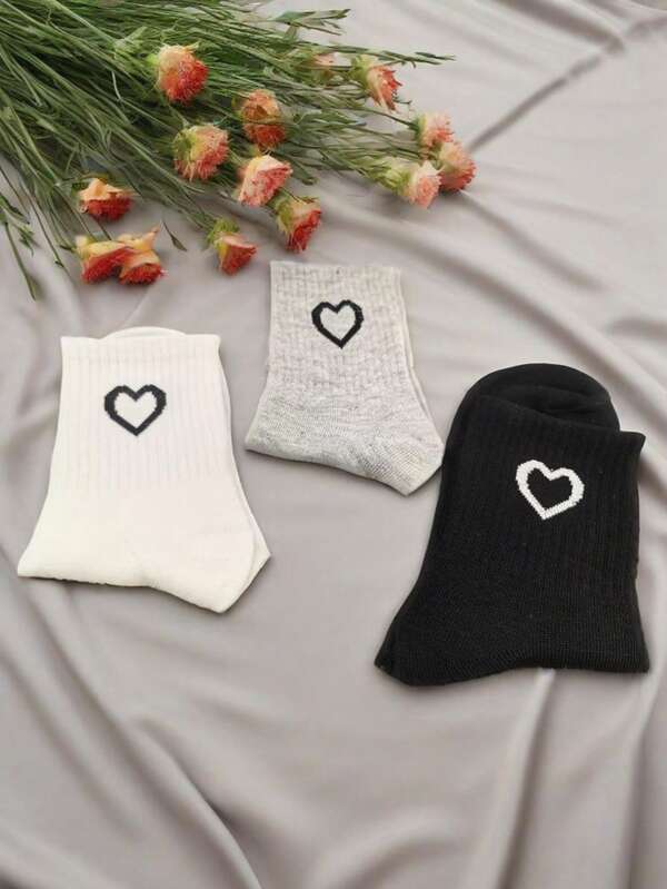1 Pair / 3 Pairs All Season Black, White, Grey Heart Pattern Socks. Minimalist Women Mid-Calf Socks, Solid Color Suitable For Running, Yoga, Cycling, Sports, Office, Home, Outdoor Activities