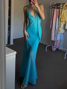 Summer Dresses For Women 2025 Halter Maxi Dress With Scarf Mini Dot Print Backless Bodycon Long Dress Slim Fit Going Out Dresses Wedding Guest Dresses Elegant Cocktail Party Dress Club Streetwear Beach Vacation Aesthetic Clothes Outfit - 藍色 - 查看 1