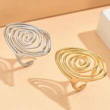 A Hollow Geometric Ring, Stainless Steel Ring, Hollow Large Ring, Threaded Ring, Oval Opening Ring, Retro Hollow Geometric Spiral Opening Ring, Creative Asymmetrical Adjustable Stainless Steel Cocktail Ring, Ladies Single Ring - Yellow Gold - View 2
