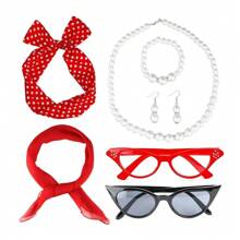 D EXCEED 6PCS Vintage 1950s Women's Accessory Collection | Retro-Inspired Prop Cat-Eye Glasses, Scarf Collar Headbands & Silk Hair Scarves With Polka Dot Stud Earrings - Perfect For Vintage-Themed Parties & Events
