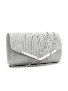 Pleated Flap Chain Metallic Shiny Square Handbag