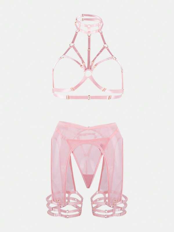 Conjunto de lencería sexy para mujer con sujetador con soporte de acero, liguero recogido y bordado de flores, set de 3 piezas