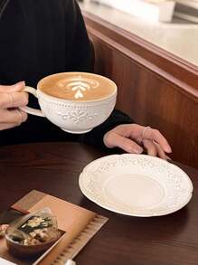 1 Set French Retro Glaze Ceramic Coffee Cup & Saucer, Luxury Latte Art Cup, Baroque Style Embossed Mugs - Enjoyable For Afternoon Tea, Perfect Gift For Mother's Day, Thanksgiving, Elders