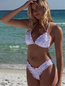 Alyweatry Women Y2K Bikinis Sets Coquette Aesthetic Bows Halter Tie Up Bikini Top High Cut Elastic Waist Bikini Bottom - 嬌媚粉紅花卉 - 查看 4