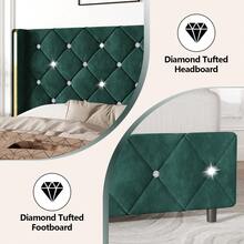 Bed Frame With Wingback Headboard, Upholstered Bed Frame With Diamond Headboard And Footboard, Velvet Modern Bed Frame, Easy Assembly, Purple/ Blue/ Pink/ White/ Black/ Green, Twin/ Full/ Queen/ King - 綠色 - 查看 4