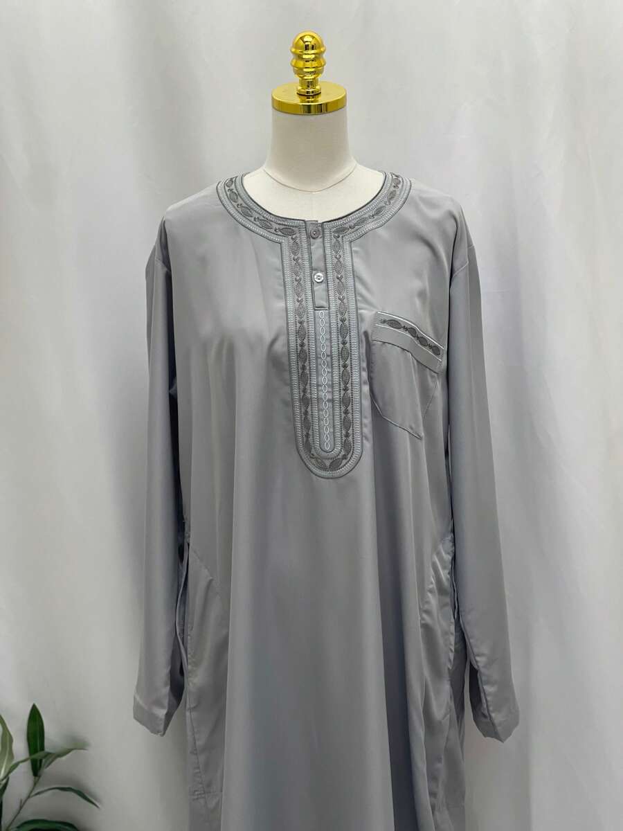 Elegant Multi-Color Thobes With Gold Embroidery - Grey - View 1