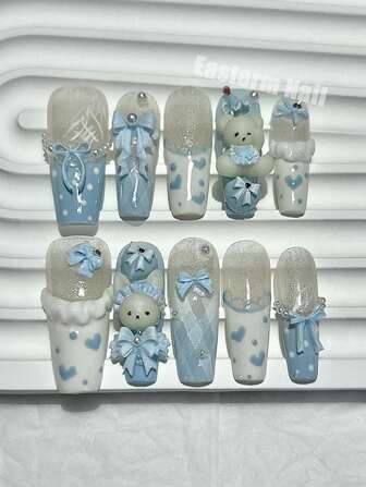 10PCS Kawaii 3D Bow Teddy Bear French Handmade Press On Nails Cute Blue Bunny Long Fake Nails Pearls Heart Polka Dot Girl Nail Art Nail Supplies (1 Sheets Jelly Stickers+1PC Nail File)