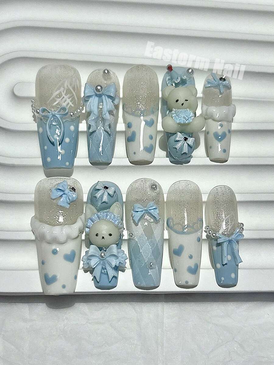 10片可爱3D蝴蝶结泰迪熊法式美甲贴纸，萌萌的蓝色兔子长款假指甲，仿珍珠爱心波点少女美甲用品（1张果冻贴纸+1个指甲锉）手工制作按压式美甲 - 藍白色 - 查看 1