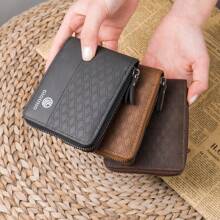 Men's Short Wallet, Fashion Plaid Embossed Soft Wallet, Horizontal Zipper Wallet, Coin Pouch, Large Capacity Multi-Card Slot, Can Hold Large Bills, Zipper Coin Pocket, Credit Card, Bank Card, ID, Photo Slot, Business Casual Style, Perfect Birthday Gift For Men Or Partner, Suitable For Fashion, Retro Style, Graduation Gift