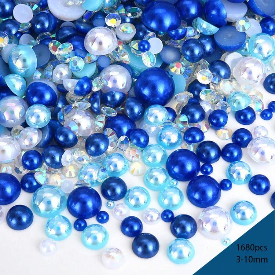 1680 hạt đá pha lê mặt phẳng 3-10mm hỗn hợp nhựa ngọc trai dùng làm đồ trang sức tự làm, ốp điện thoại, gương, cốc, đồ thủ công, trang trí giày dép - Hồ xanh đậm xanh trắng - Xem 1