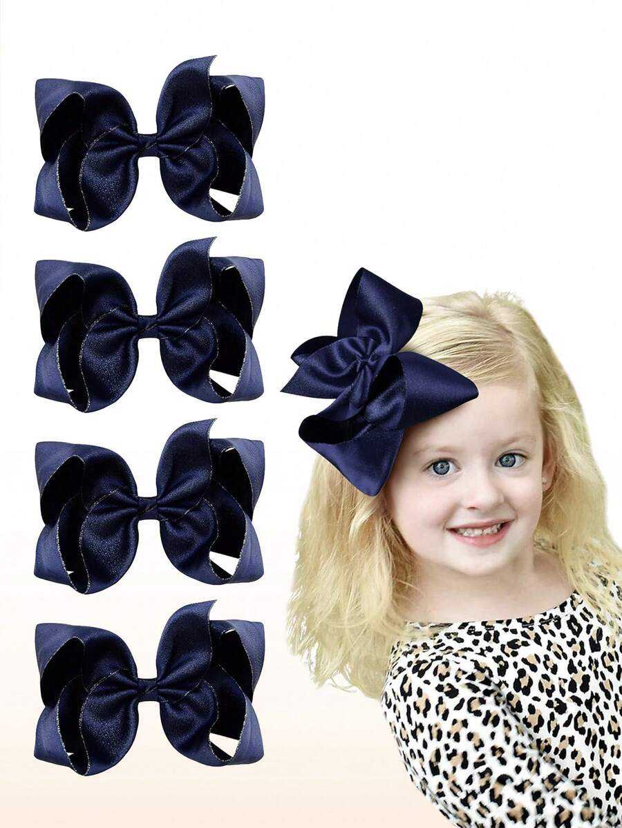 4 Piezas Lazos de pelo con brillo para niñas y niñas pequeñas, lazos azul marino con pinzas de cinta gróngrain y pinzas de caimán, accesorios de pelo para niños - Azul Marino - Ver 1