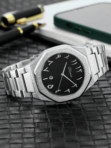 DENVOSI 1pc Men's Quartz Watch With Unisex Steel Strap, Arabic Numeral Scale, Fashionable Business, Water Resistant, Date Display, Suitable For Daily Wear - Black - View 2