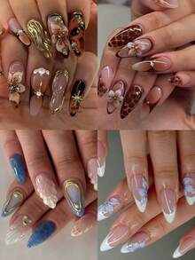 花朵指甲 96 件（4 种混合）长杏仁 3D 凝胶指甲制作花朵指甲与仿珍珠装饰设计法式亚克力按压指甲杏仁完美贴合假指甲套装，包括：1 件果冻胶和 1 件指甲锉，易于佩戴的夏季指甲和法式尖头指甲艺术，适合女性和女孩日常佩戴和派对使用指甲用品指甲