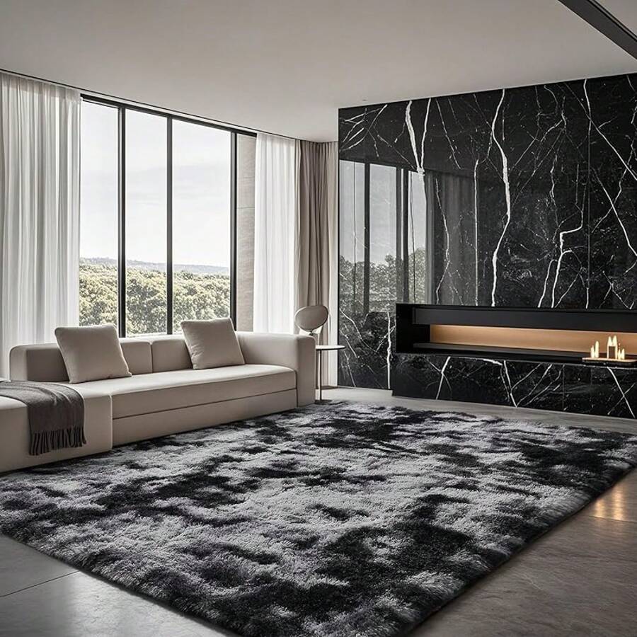 Large Shaggy Area Rug For Living Room & Bedroom – Washable Fluffy Carpet With 1.7in High Pile, Plush Aesthetic Throw Rug, Non-Slip Rubber Backing With 4 Anti-Slip Pads, Durable Edge Stitching – Cozy Minimalist Decor – Great Gift For Halloween & Christmas, Perfect For Play Rooms & Parties – Heavyweight 700g+/㎡ – Sizes: 4*6 / 5*7 / 6*9 / 8*10 / 9*12 Ft - 9- Tie-dyed Black & Grey - View 1