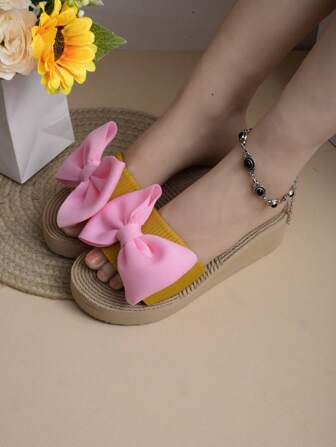 VMI Women's Fashion Bow Slippers, Casual Thick-Sole Cloth Flip-Flops For Indoor/Outdoor, Travel, Summer Beach