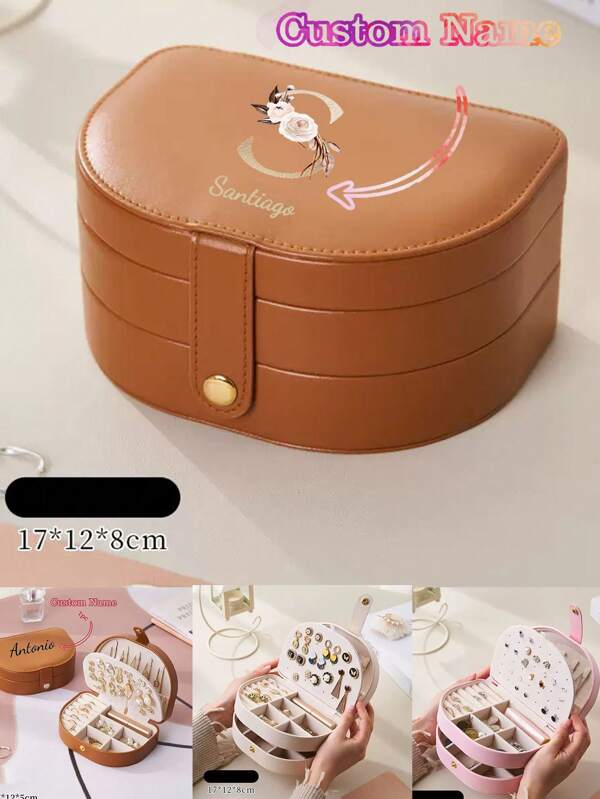 1pc 3-Tier Jewelry Organizer Box, Large Capacity Multi-Purpose Custom Personalized Name/Text Jewelry Storage Box PU Leather High-End Exquisite Earrings Necklace Multi-Compartment Jewelry Box - Ideal Gift For Bridesmaids, Birthday, Anniversary, Valentine's Day, Wedding, Best Friend, Mom, Wife, Excellent For Travel
