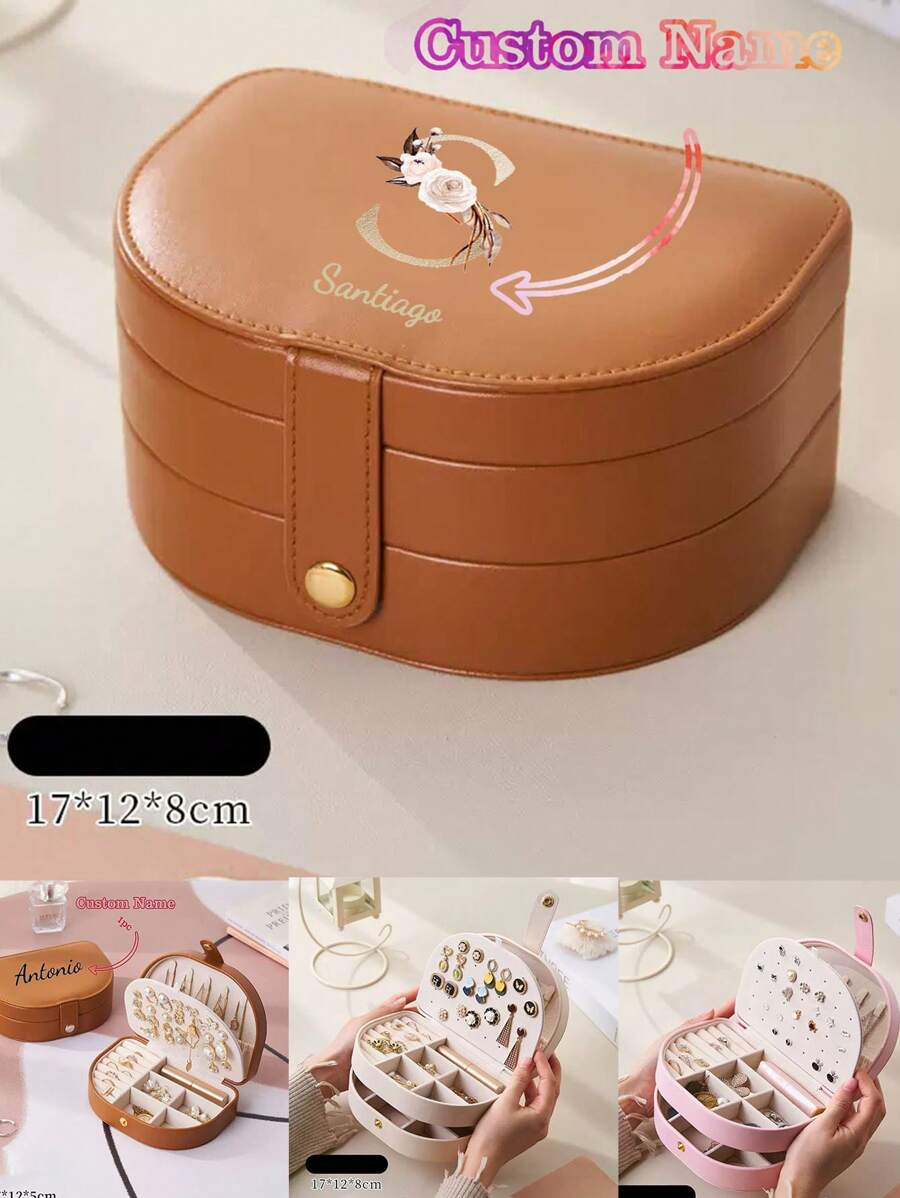 1pc 3-Tier Jewelry Organizer Box, Large Capacity Multi-Purpose Custom Personalized Name/Text Jewelry Storage Box PU Leather High-End Exquisite Earrings Necklace Multi-Compartment Jewelry Box - Ideal Gift For Bridesmaids, Birthday, Anniversary, Valentine's Day, Wedding, Best Friend, Mom, Wife, Excellent For Travel