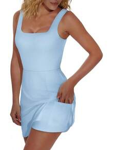 OFEEFAN Athletic Dress For Women Mini U Neck Sleeveless Built In Shorts With Pockets Tennis Golf Graduation - Blue - View 3