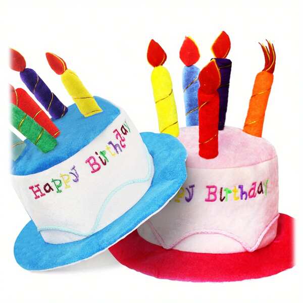 Gorro de pastel de cumpleaños de peluche novedoso, azul y rosa, accesorio de fiesta de poliéster suave con velas de colores - ideal para mascarada, celebraciones de cumpleaños, decoración de fiesta de cumpleaños, gorro de cumpleaños para cachorros, adultos y cachorros