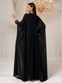 YISIKADO Elegantes Damen Langarm Chiffon Abaya mit kontrastierenden Pailletten-Verzierungen, Rundhalsausschnitt, bodenlang