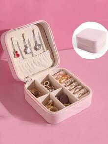 1个便携式旅行首饰收纳盒，PU皮革首饰整理盒，小型拉链首饰盒，多层耳环戒指收纳盒，化妆品收纳盒，首饰展示托盘，香水收纳盒，防水防氧化材质，保护戒指、耳环和项链，节日礼物，送她的礼物，适合教师使用 - 粉色 - 查看 2