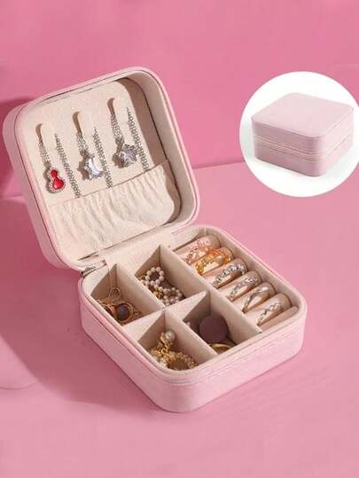 1个便携式旅行首饰收纳盒，PU皮革首饰整理盒，小型拉链首饰盒，多层耳环戒指收纳盒，化妆品收纳盒，首饰展示托盘，香水收纳盒，防水防氧化材质，保护戒指、耳环和项链，节日礼物，送她的礼物，适合教师使用